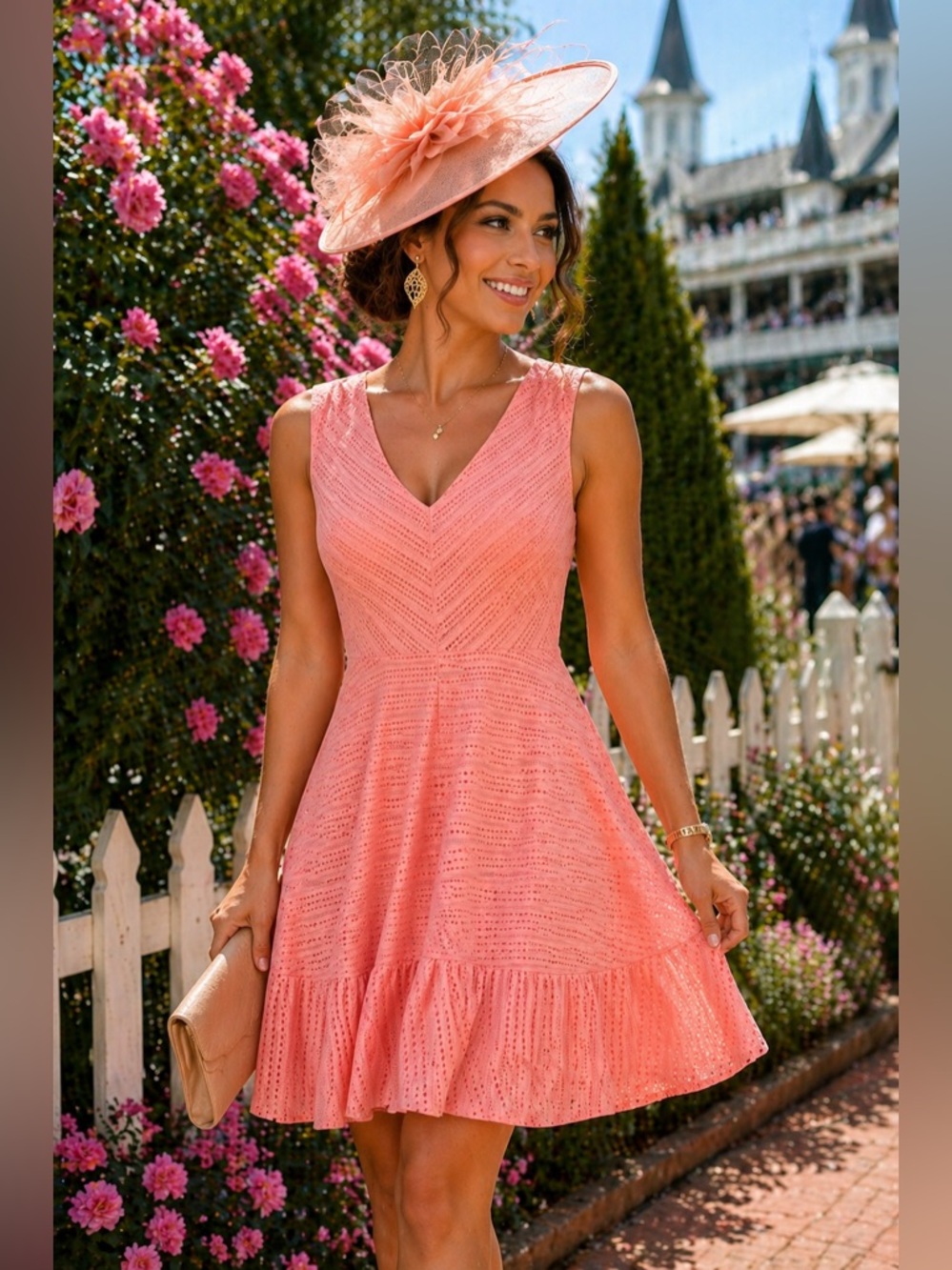 Bar III Coral Eyelet Fit & Flare Dress Sleeveless V-Neck Ruffle Hem Size M